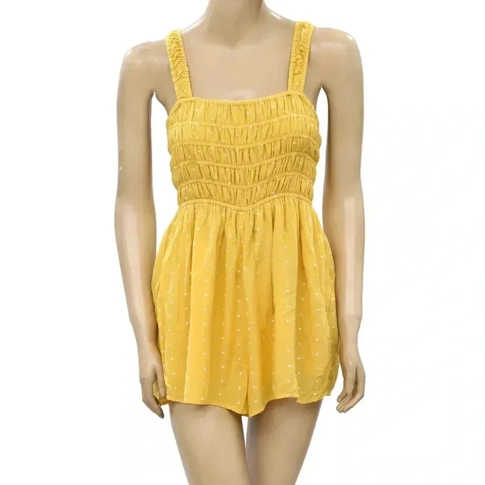 Urban Outfitters Yellow Cleo Embroidered Polka Dot Tie-Back Romper
